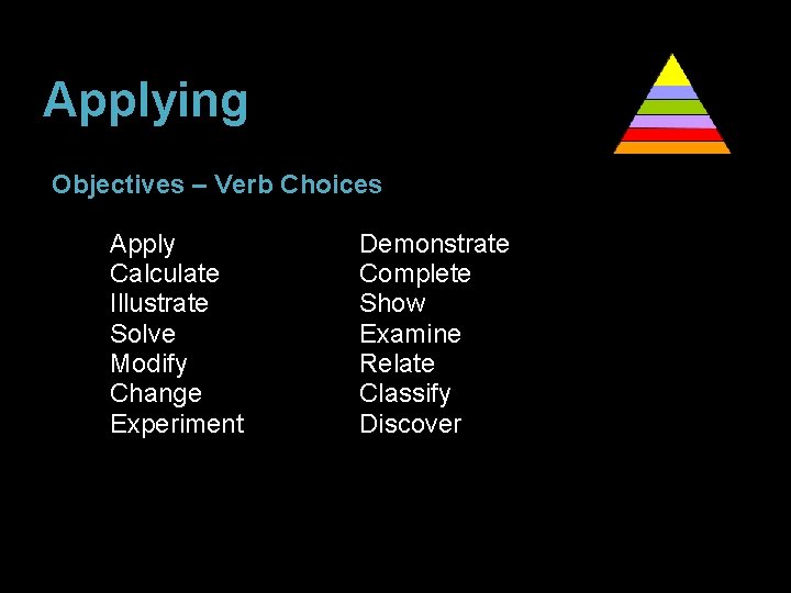 Applying Bloom’s Taxonomy Objectives – Verb Choices o o o o Apply Calculate Illustrate