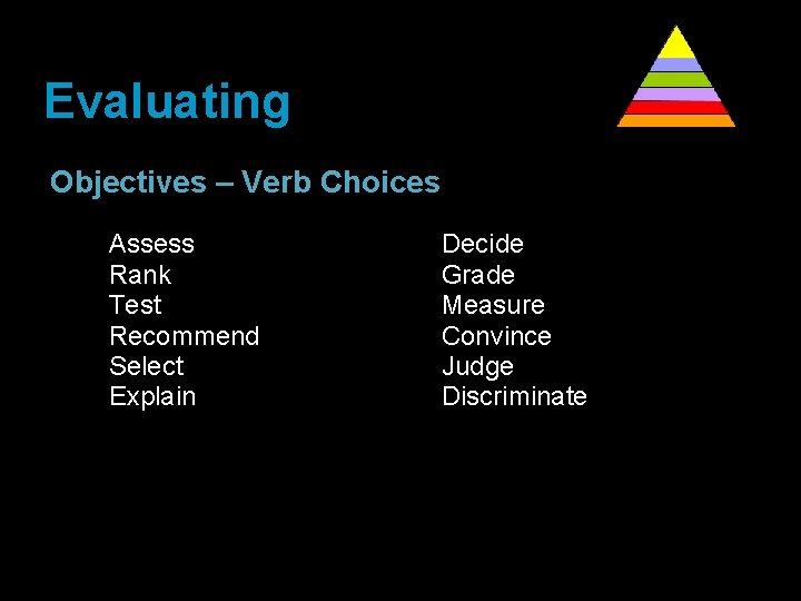 Evaluating Bloom’s Taxonomy Objectives – Verb Choices o o o o Assess Rank Test