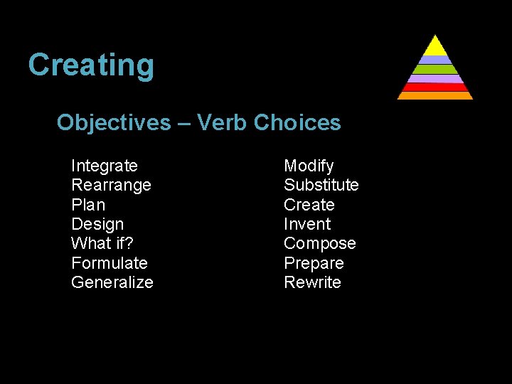 Creating Objectives – Verb Choices o o o o Combine Integrate Rearrange Plan Design
