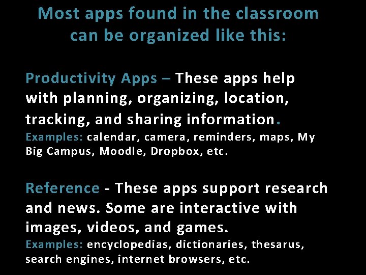 Most apps found in the classroom can be organized like this: Productivity Apps –