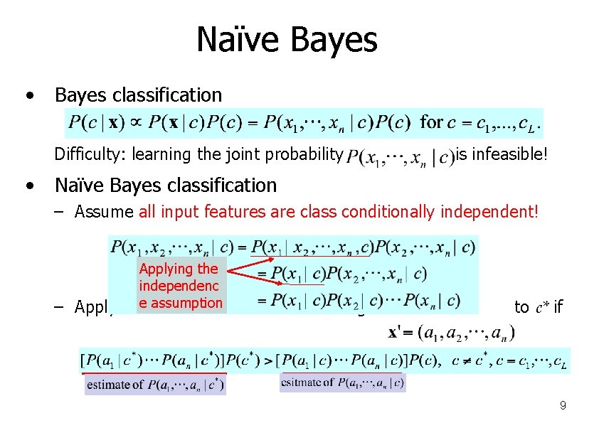 Naïve Bayes • Bayes classification Difficulty: learning the joint probability • is infeasible! Naïve