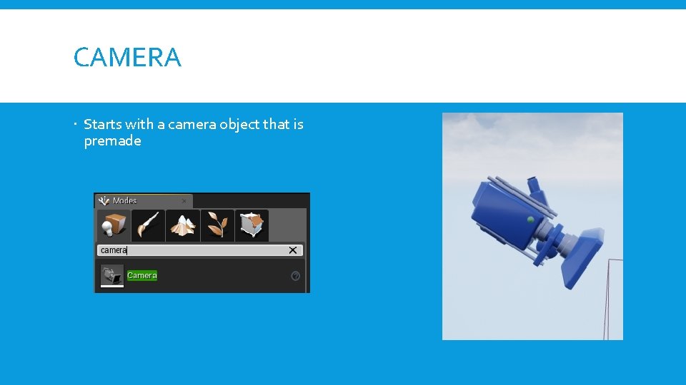 CAMERA Starts with a camera object that is premade 