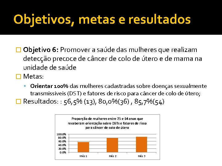Objetivos, metas e resultados � Objetivo 6: Promover a saúde das mulheres que realizam