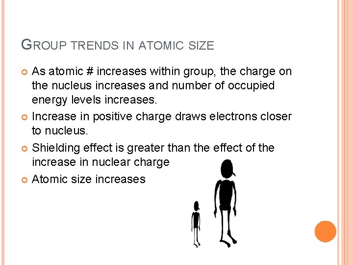 GROUP TRENDS IN ATOMIC SIZE As atomic # increases within group, the charge on GROUP TRENDS IN ATOMIC SIZE As atomic # increases within group, the charge on