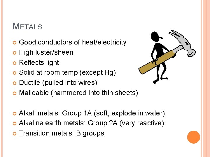 METALS Good conductors of heat/electricity High luster/sheen Reflects light Solid at room temp (except METALS Good conductors of heat/electricity High luster/sheen Reflects light Solid at room temp (except