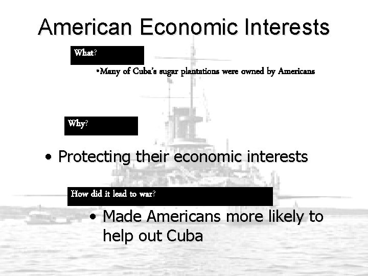 American Economic Interests What? • Many of Cuba’s sugar plantations were owned by Americans