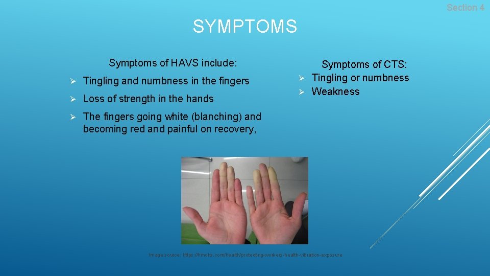 Section 4 SYMPTOMS Symptoms of HAVS include: Ø Tingling and numbness in the fingers