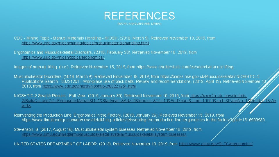 REFERENCES (WORK HANDLING AND LIFING) CDC - Mining Topic - Manual Materials Handling -