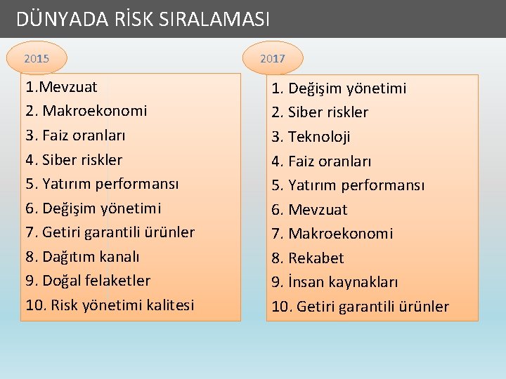  DÜNYADA RİSK SIRALAMASI 2015 1. Mevzuat 2. Makroekonomi 3. Faiz oranları 4. Siber