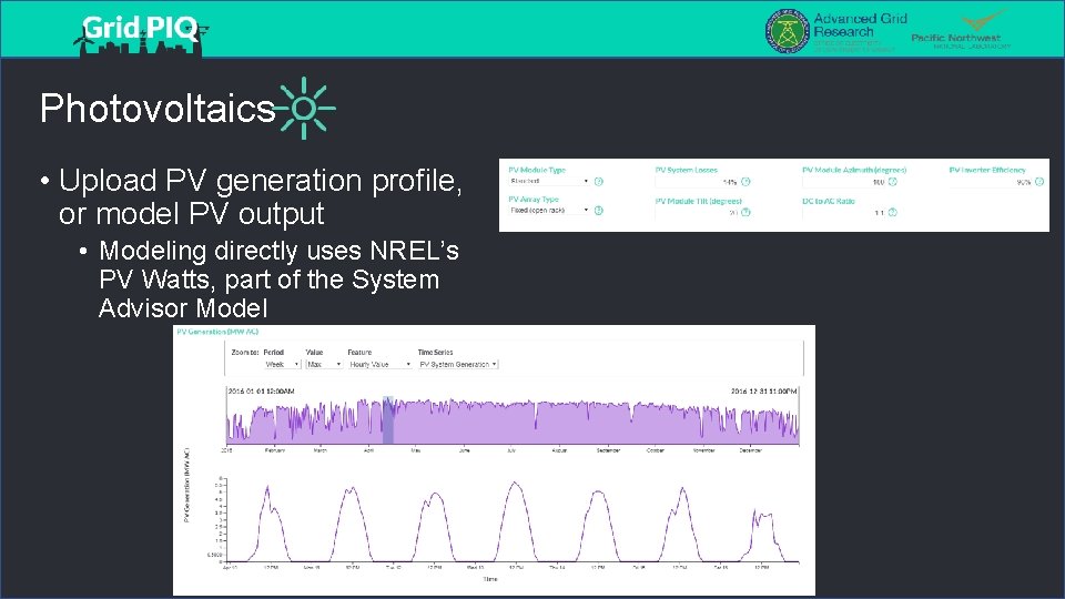 Photovoltaics • Upload PV generation profile, or model PV output • Modeling directly uses