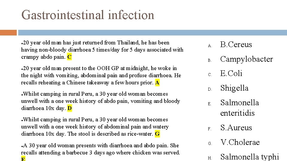 Gastrointestinal infection 20 year old man has just returned from Thailand, he has been