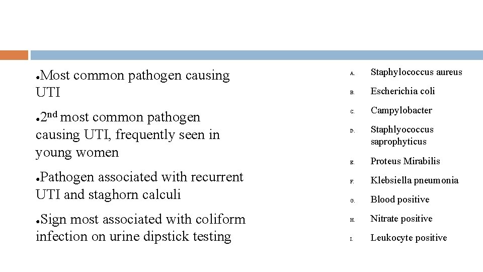 Most common pathogen causing UTI ● nd ● 2 most common pathogen causing UTI,