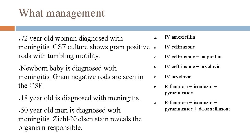 What management 72 year old woman diagnosed with meningitis. CSF culture shows gram positive
