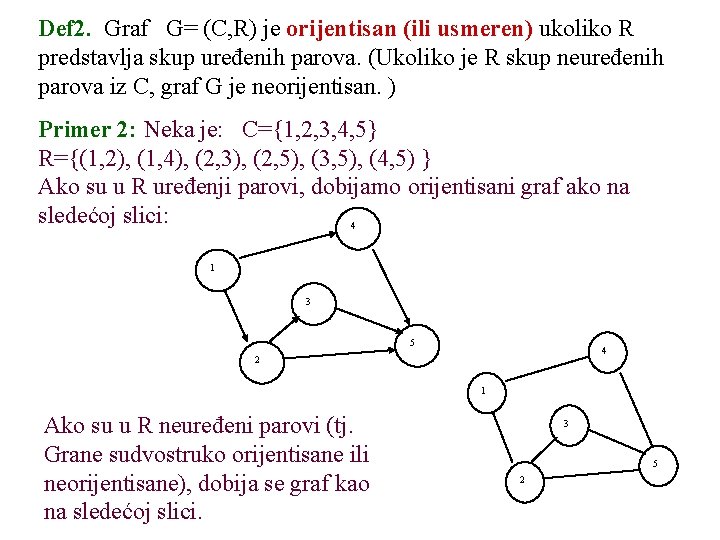 Def 2. Graf G= (C, R) je orijentisan (ili usmeren) ukoliko R predstavlja skup