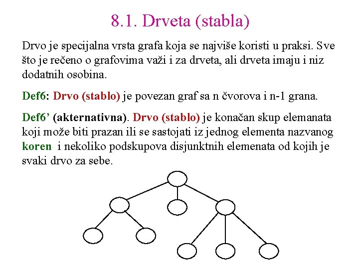 8. 1. Drveta (stabla) Drvo je specijalna vrsta grafa koja se najviše koristi u