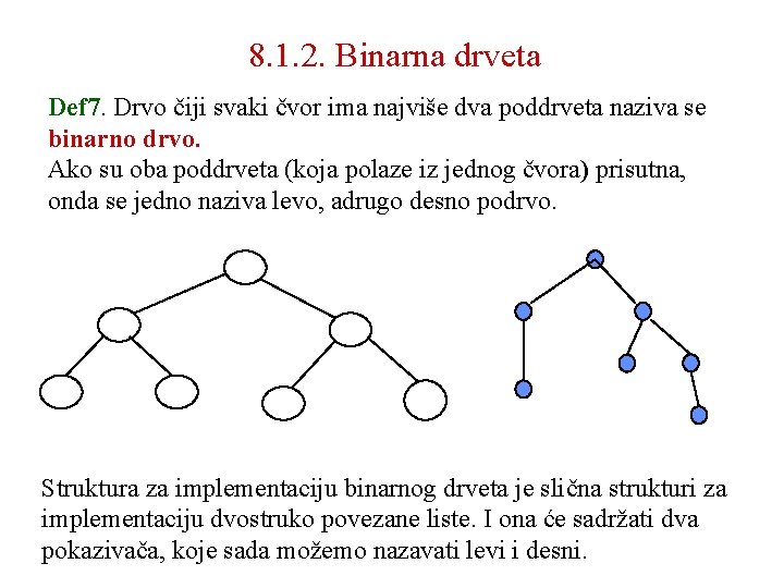 8. 1. 2. Binarna drveta Def 7. Drvo čiji svaki čvor ima najviše dva