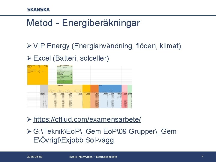 Metod - Energiberäkningar Ø VIP Energy (Energianvändning, flöden, klimat) Ø Excel (Batteri, solceller) Ø