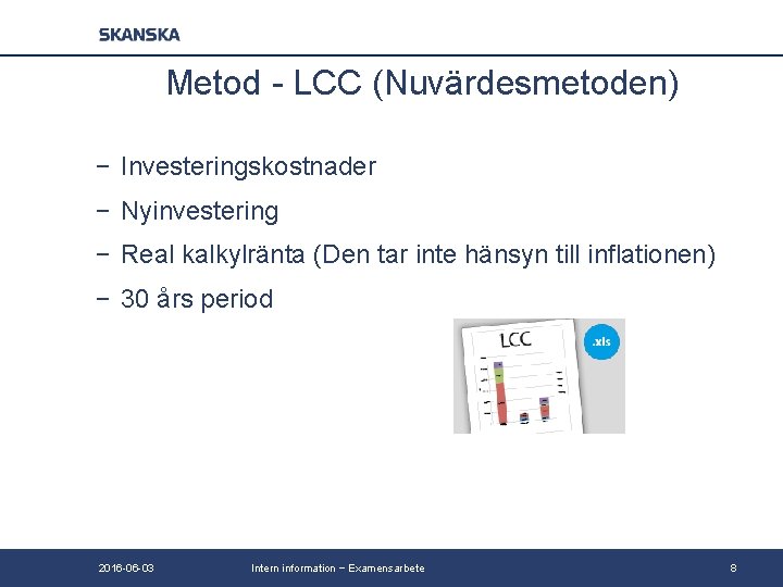 Metod - LCC (Nuvärdesmetoden) − Investeringskostnader − Nyinvestering − Real kalkylränta (Den tar inte