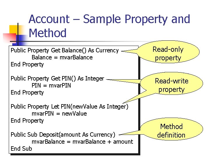 Account – Sample Property and Method Public Property Get Balance() As Currency Balance =