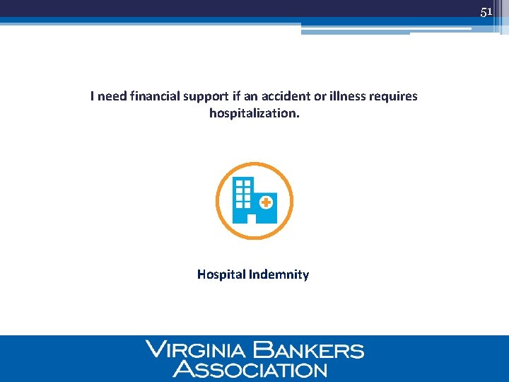 51 I need financial support if an accident or illness requires hospitalization. Hospital Indemnity