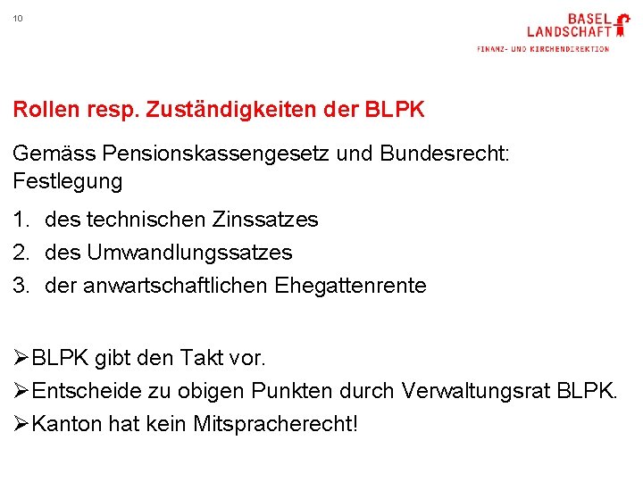 10 Rollen resp. Zuständigkeiten der BLPK Gemäss Pensionskassengesetz und Bundesrecht: Festlegung 1. des technischen