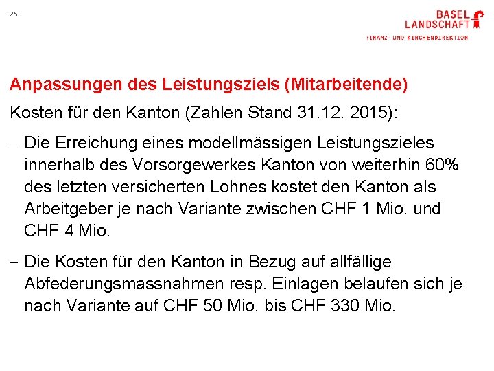 25 Anpassungen des Leistungsziels (Mitarbeitende) Kosten für den Kanton (Zahlen Stand 31. 12. 2015):