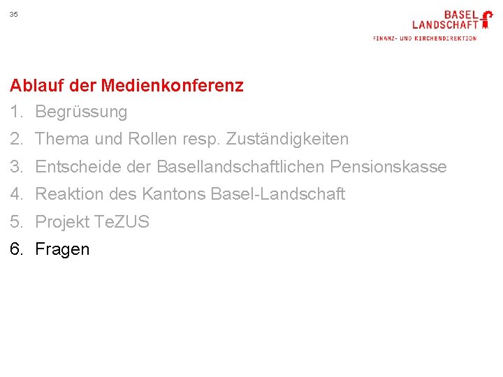 35 Ablauf der Medienkonferenz 1. Begrüssung 2. Thema und Rollen resp. Zuständigkeiten 3. Entscheide