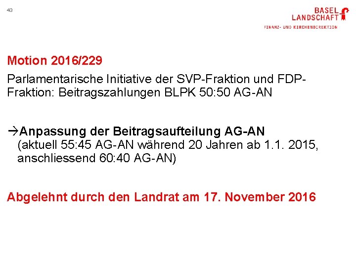 43 Motion 2016/229 Parlamentarische Initiative der SVP-Fraktion und FDPFraktion: Beitragszahlungen BLPK 50: 50 AG-AN