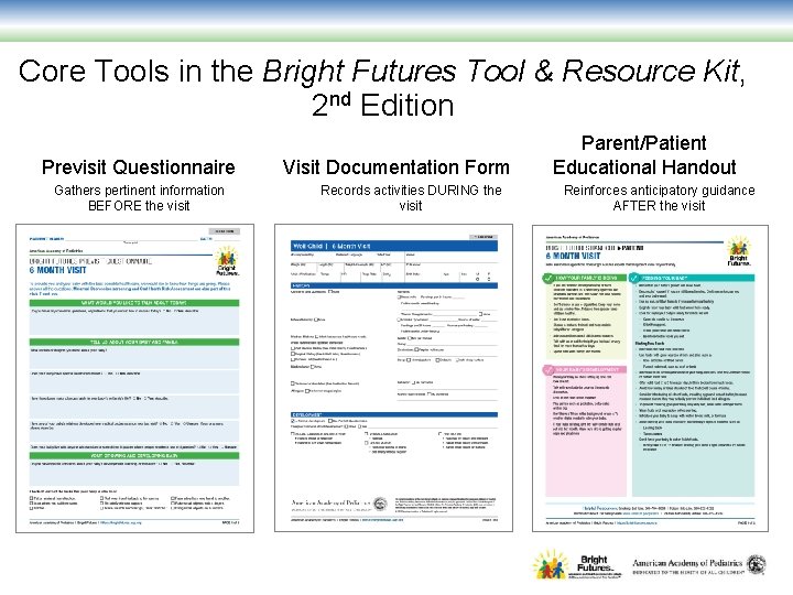 Core Tools in the Bright Futures Tool & Resource Kit, 2 nd Edition Previsit