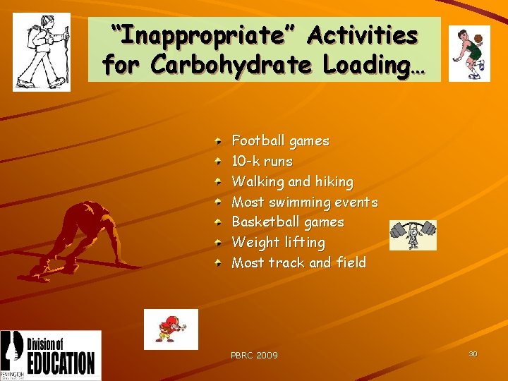 “Inappropriate” Activities for Carbohydrate Loading… Football games 10 -k runs Walking and hiking Most