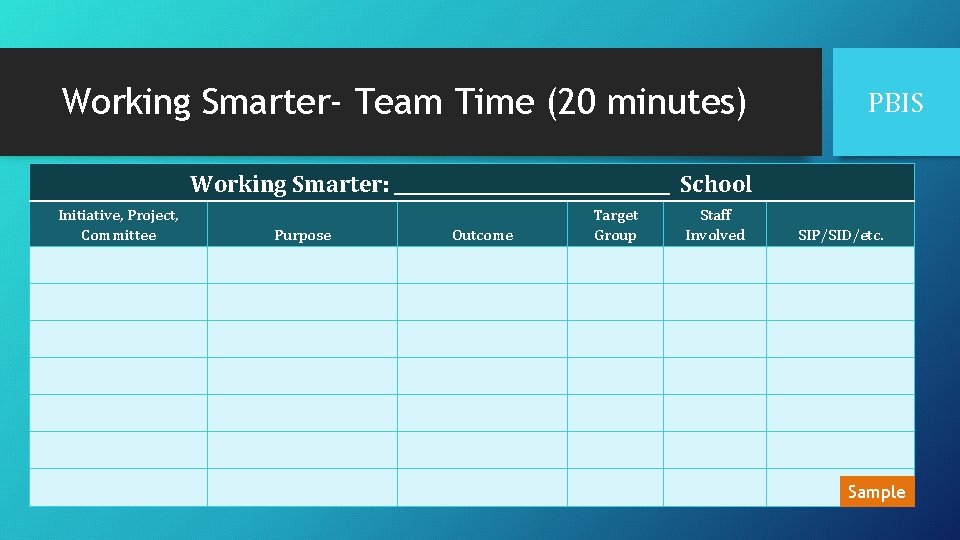 Working Smarter- Team Time (20 minutes) PBIS Working Smarter: ________________ School Initiative, Project, Committee