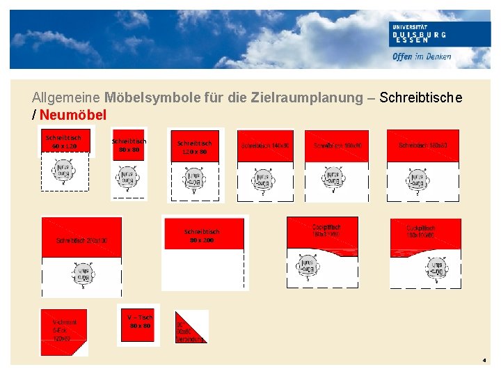 Allgemeine Möbelsymbole für die Zielraumplanung – Schreibtische / Neumöbel Schreibtisch 60 x 120 Schreibtisch