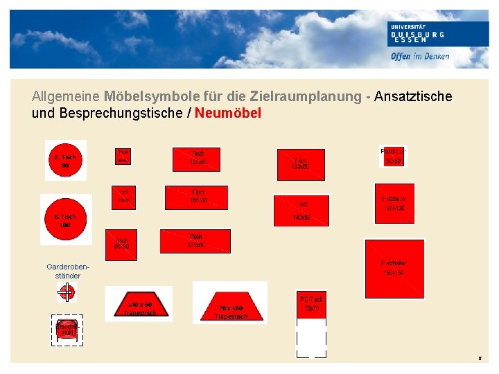 Allgemeine Möbelsymbole für die Zielraumplanung - Ansatztische und Besprechungstische / Neumöbel B. Tisch 80