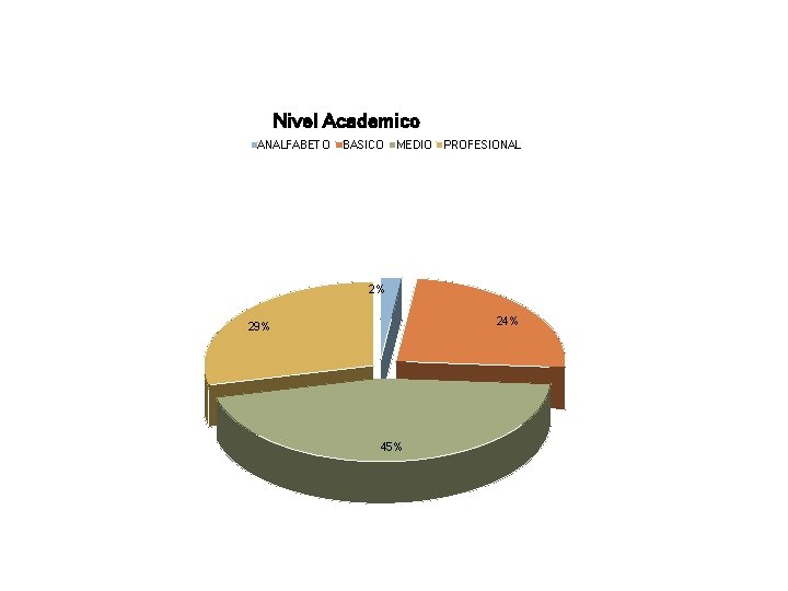 Nivel Academico ANALFABETO BASICO MEDIO PROFESIONAL 2% 24% 29% 45% 