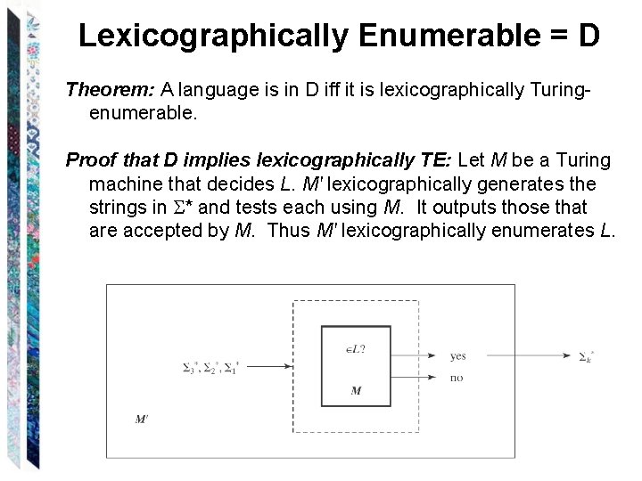 Lexicographically Enumerable = D Theorem: A language is in D iff it is lexicographically