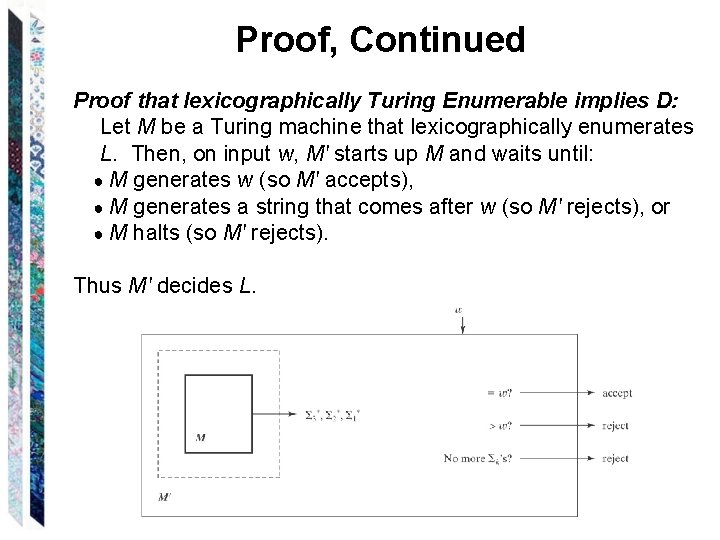 Proof, Continued Proof that lexicographically Turing Enumerable implies D: Let M be a Turing