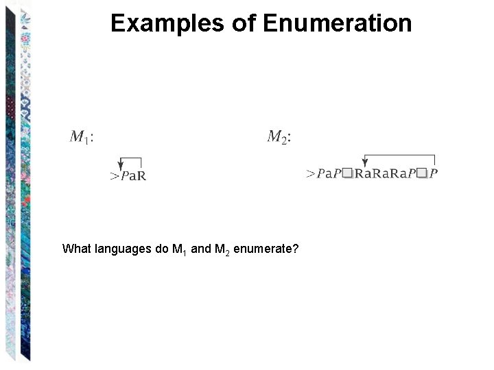 Examples of Enumeration What languages do M 1 and M 2 enumerate? 