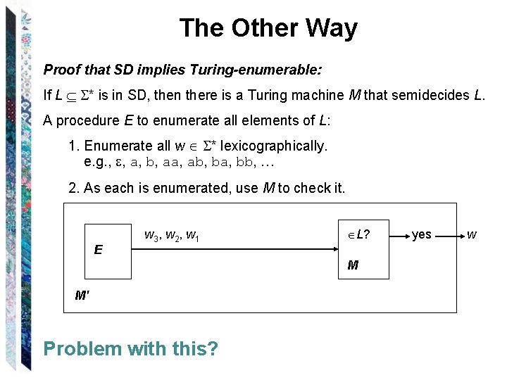 The Other Way Proof that SD implies Turing-enumerable: If L * is in SD,