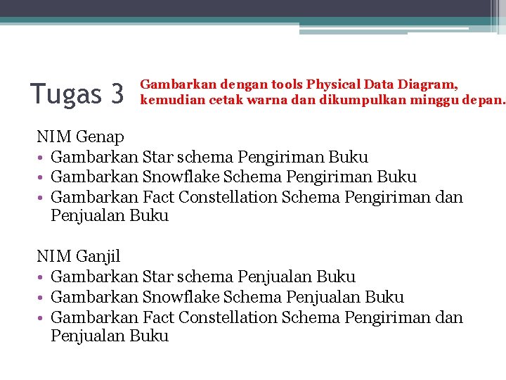 Tugas 3 Gambarkan dengan tools Physical Data Diagram, kemudian cetak warna dan dikumpulkan minggu