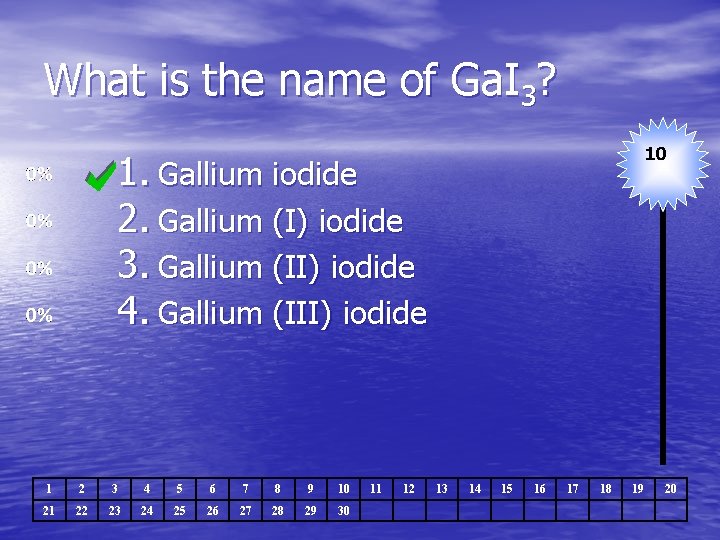 What is the name of Ga. I 3? 10 1. Gallium iodide 2. Gallium