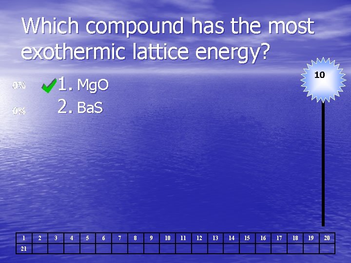 Which compound has the most exothermic lattice energy? 10 1. Mg. O 2. Ba.