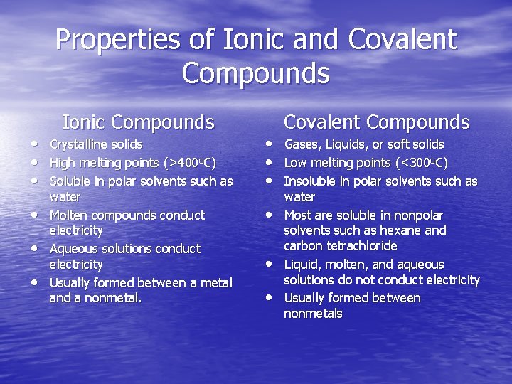 Properties of Ionic and Covalent Compounds • • • Ionic Compounds Crystalline solids High