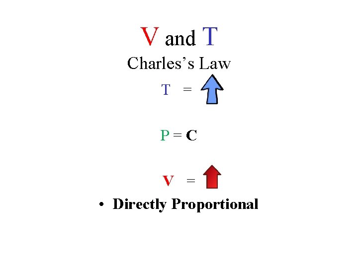 V and T Charles’s Law T = P=C V = • Directly Proportional 