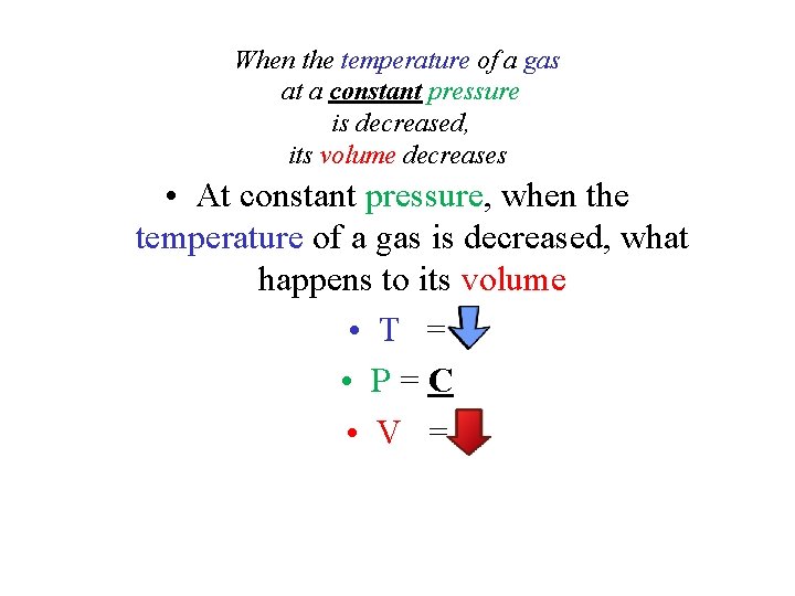 When the temperature of a gas at a constant pressure is decreased, its volume When the temperature of a gas at a constant pressure is decreased, its volume