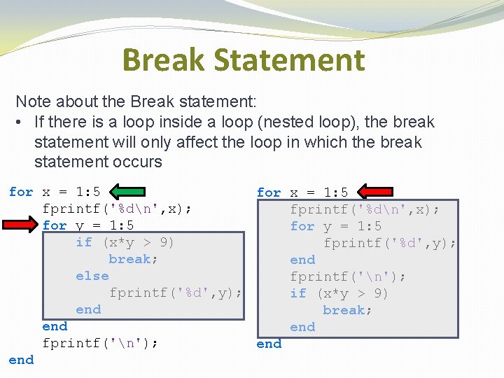 Break Statement Note about the Break statement: • If there is a loop inside