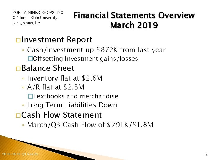 FORTY-NINER SHOPS, INC. California State University Long Beach, CA � Investment Financial Statements Overview
