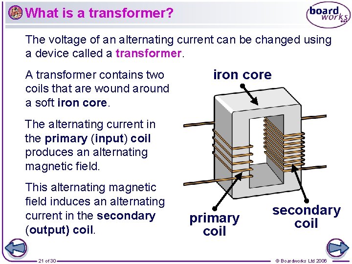 What is a transformer? The voltage of an alternating current can be changed using