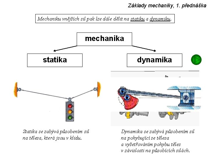 Základy mechaniky, 1. přednáška Mechaniku vnějších sil pak lze dále dělit na statiku a