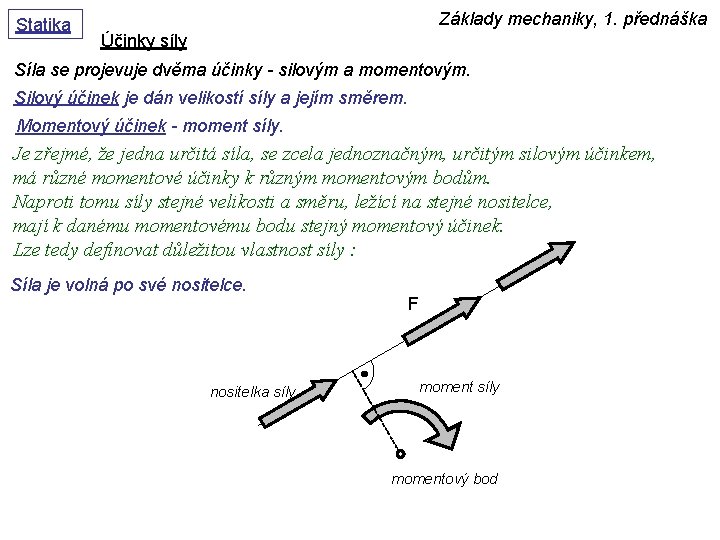 Statika Základy mechaniky, 1. přednáška Účinky síly Síla se projevuje dvěma účinky - silovým