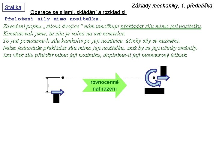 Základy mechaniky, 1. přednáška Statika Operace se silami, skládání a rozklad sil Přeložení síly